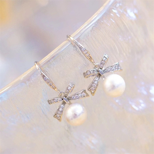 DIY珍珠配件 18K包金铜厚镀金蝴蝶结耳钩座镶耳饰半成品 8-10mm