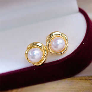 DIY珍珠配件 18K包金铜厚镀金复古花朵耳钉耳饰半成品 金色8-9mm