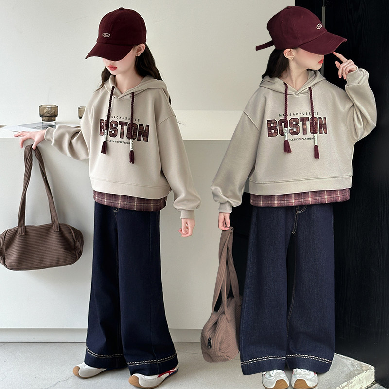 女童连帽卫衣秋套装2026新款洋气中大童卫衣牛仔裤春秋两件套