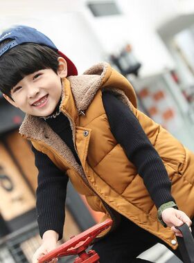 男童棉马甲秋冬季2025新款加绒加棉加厚中大童男孩背心连帽外套潮