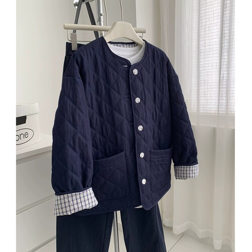 日韩复古牛仔蓝菱格加厚棉服开衫