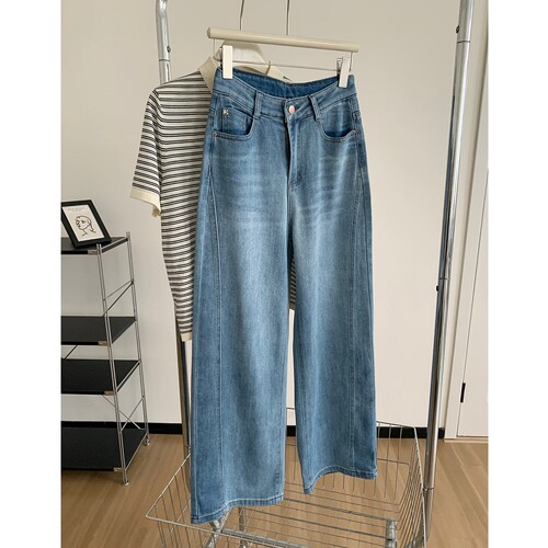 春夏季浅蓝高腰显瘦弯刀牛仔裤女