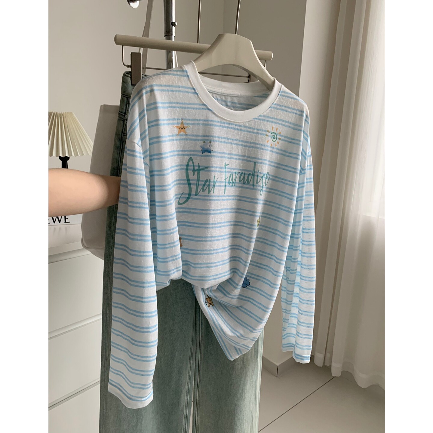 清新冰蓝色条纹防晒罩衫女夏季薄款垂感慵懒仿天丝长袖T恤空调衫