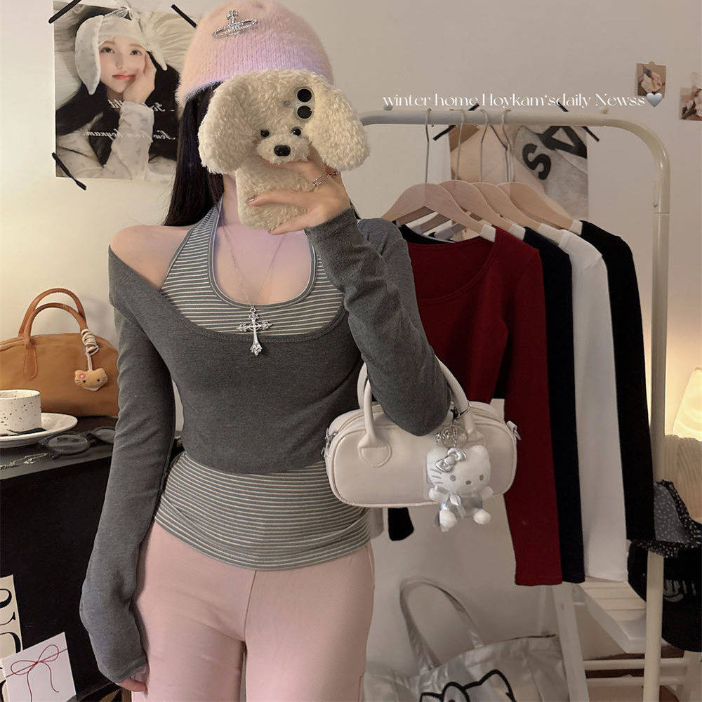 韩系磨毛条纹带胸垫挂脖吊带背心女外搭长袖T恤短款上衣两件套潮