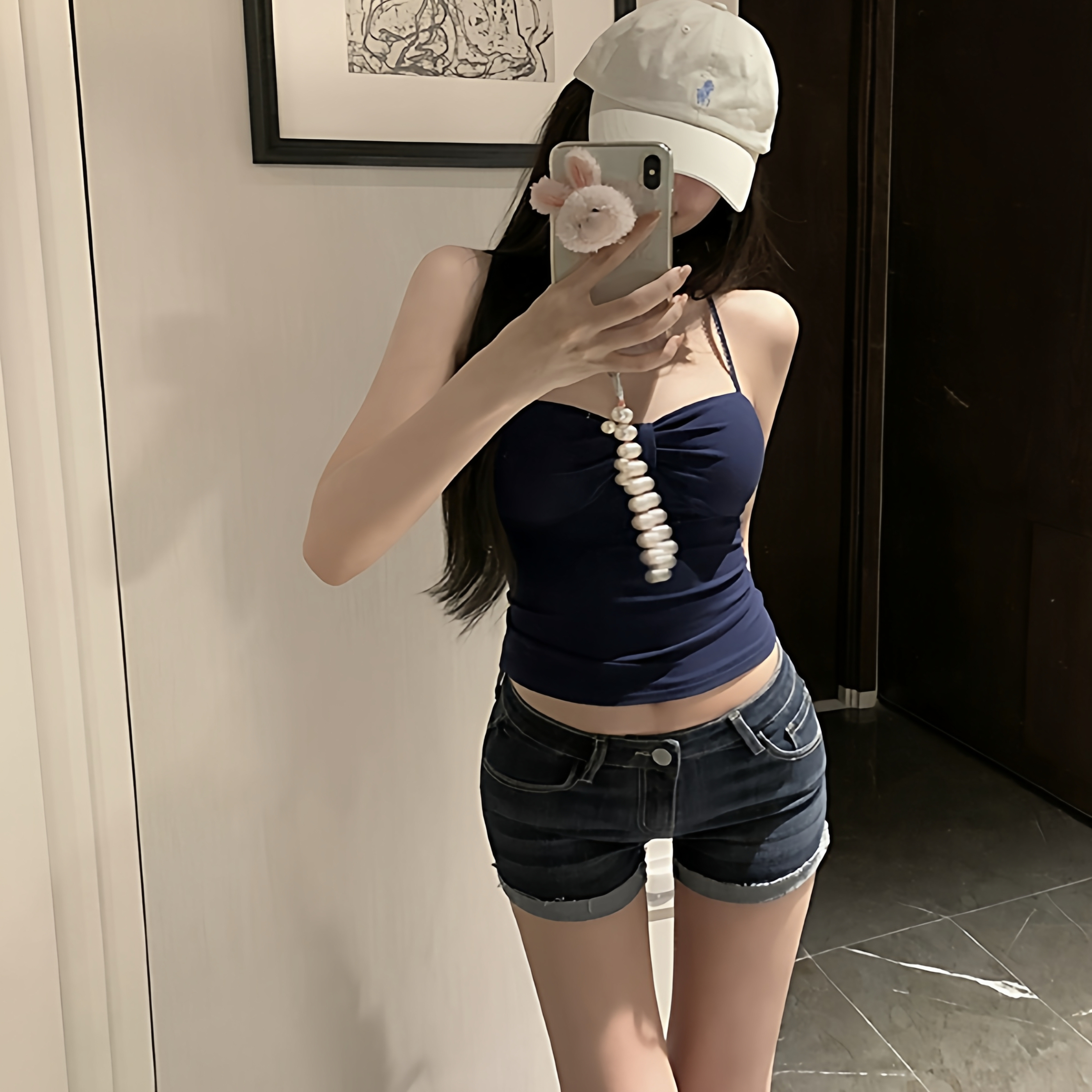 藏蓝色磨毛交叉吊带背心百搭上衣