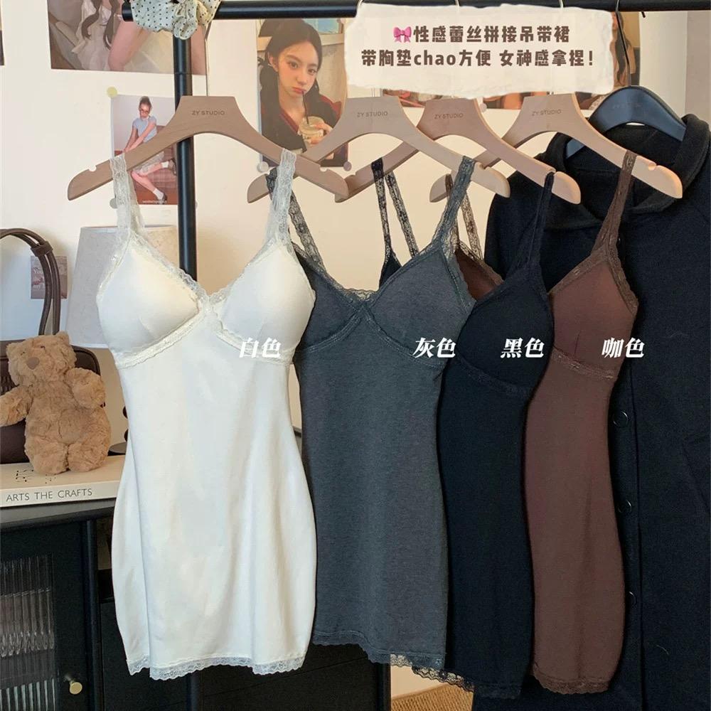 磨绒保暖吊带连衣裙女蕾丝拼接