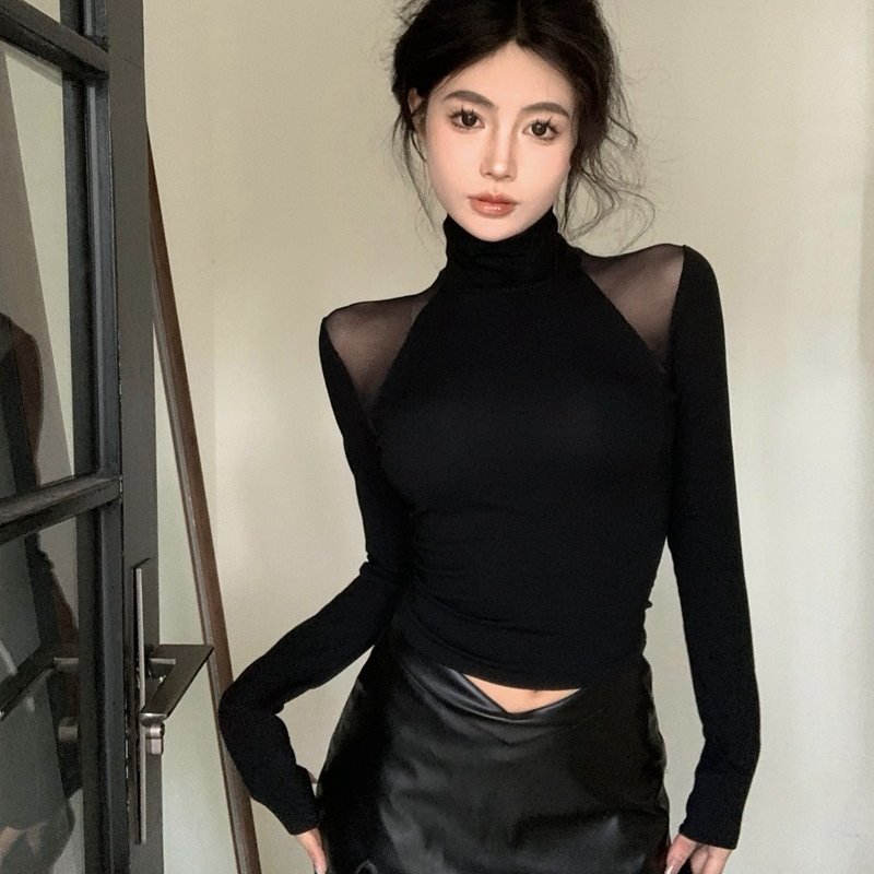纯欲黑色网纱拼接高领长袖T恤女秋季内搭外穿百搭气质打底衫上衣