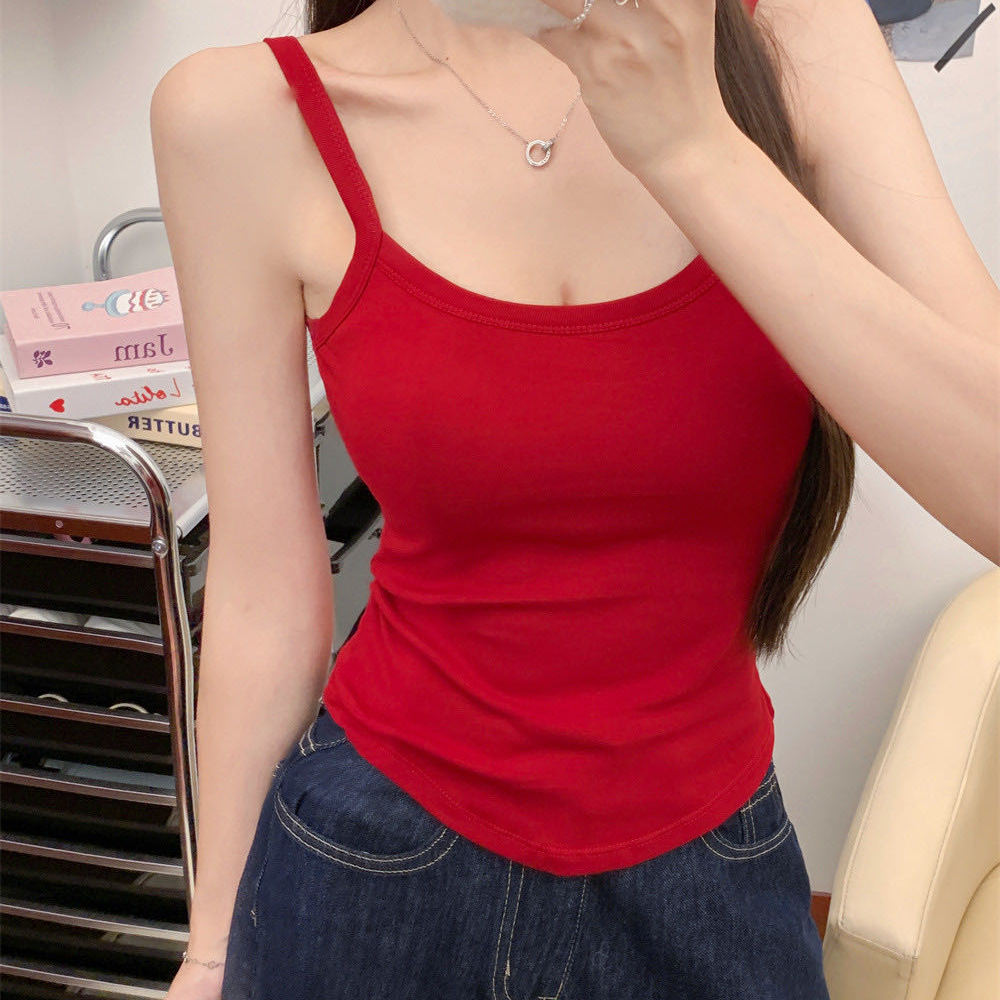 纯欲辣妹红色磨毛吊带背心上衣潮