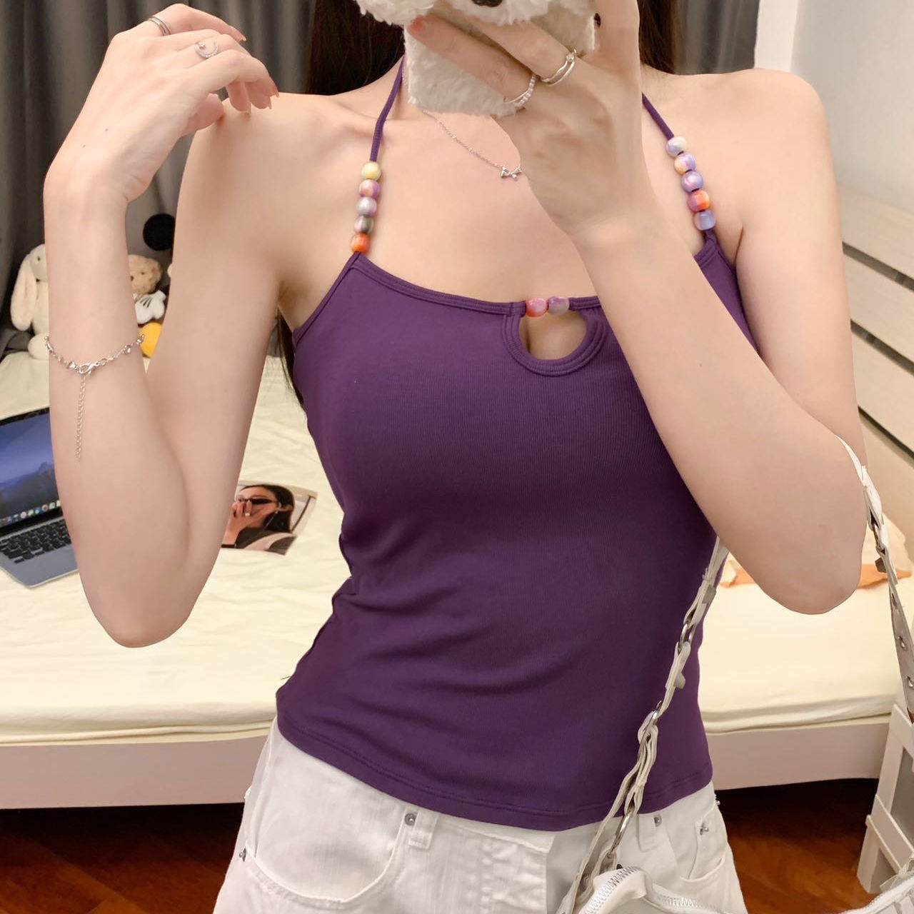 纯欲风性感辣妹串珠挂脖吊带背心