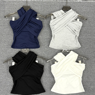 纯欲风磨毛设计感交叉挂脖褶皱背心女秋冬内搭带胸垫修身 保暖上衣