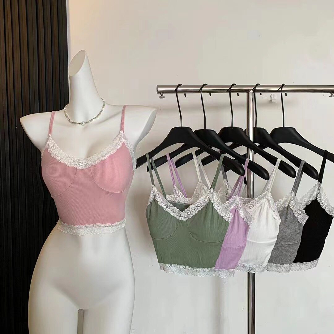 性感蕾丝花边V领吊带背心女夏季带胸垫修身显瘦少女内搭美背上衣