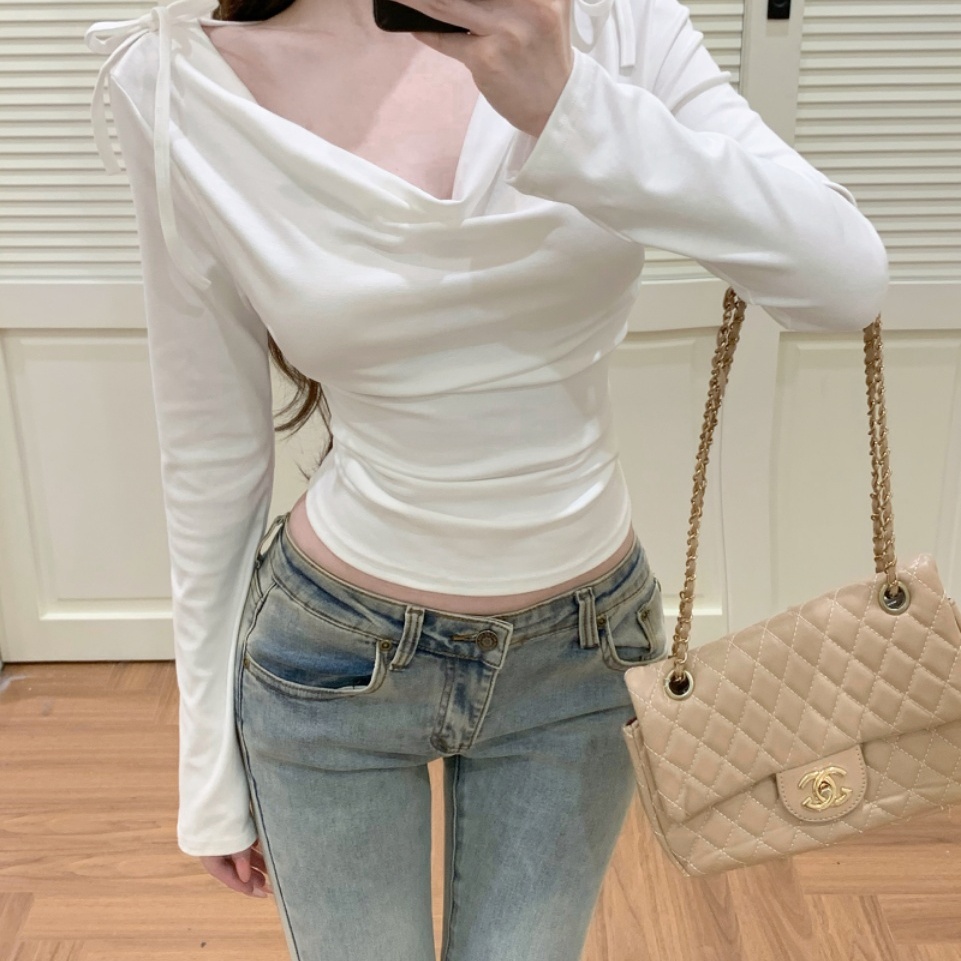 韩系辣妹荡领蝴蝶结长袖T恤上衣