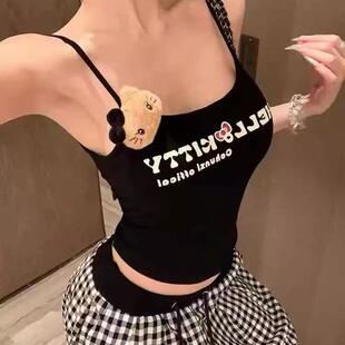 美式复古设计感字母小熊吊带背心女带胸垫辣妹修身显瘦内搭上衣潮