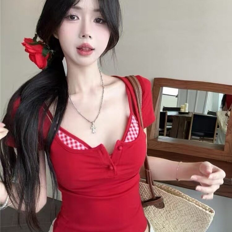 纯欲性感辣妹假两件纽扣短袖T恤