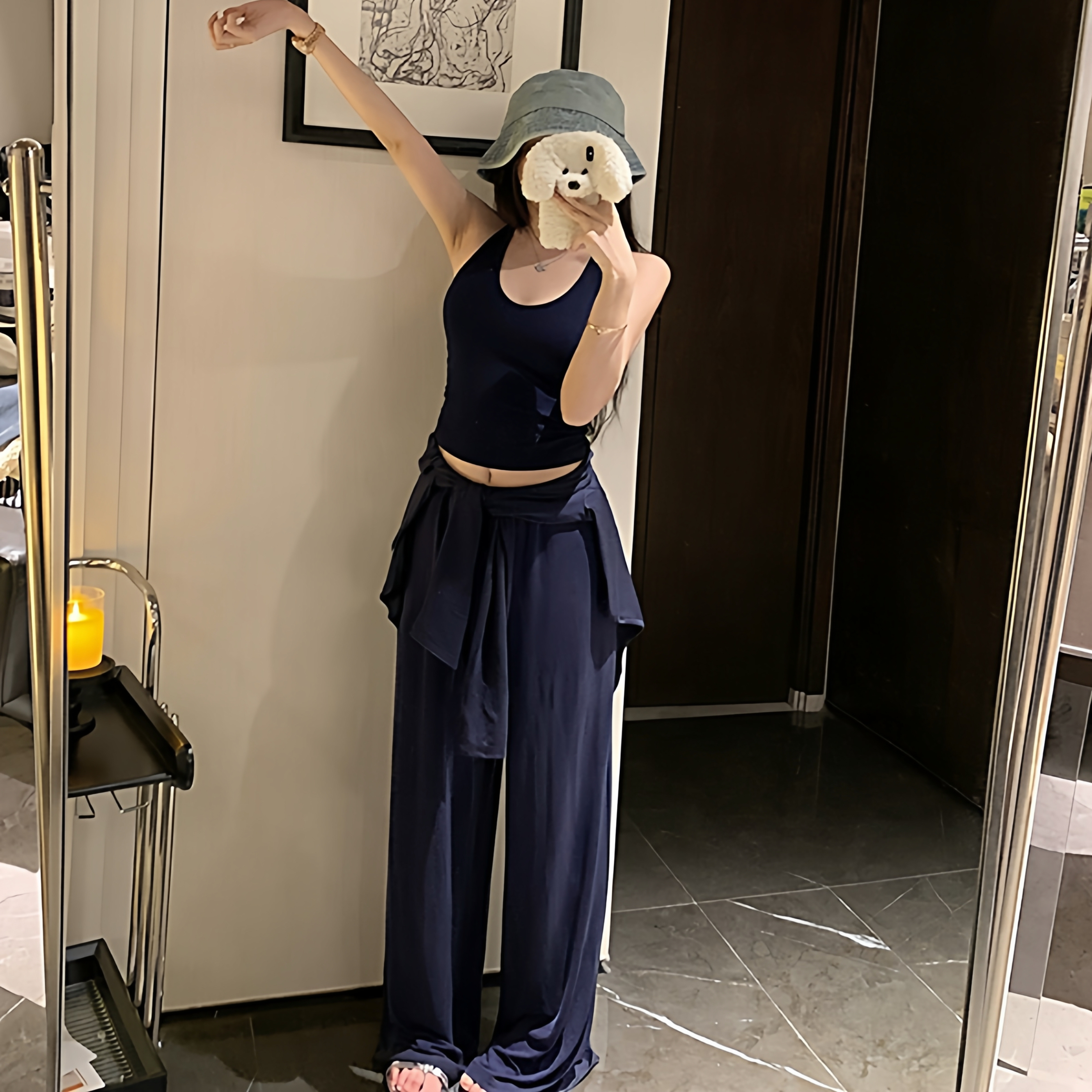 纯欲风藏蓝色磨毛工字吊带背心潮