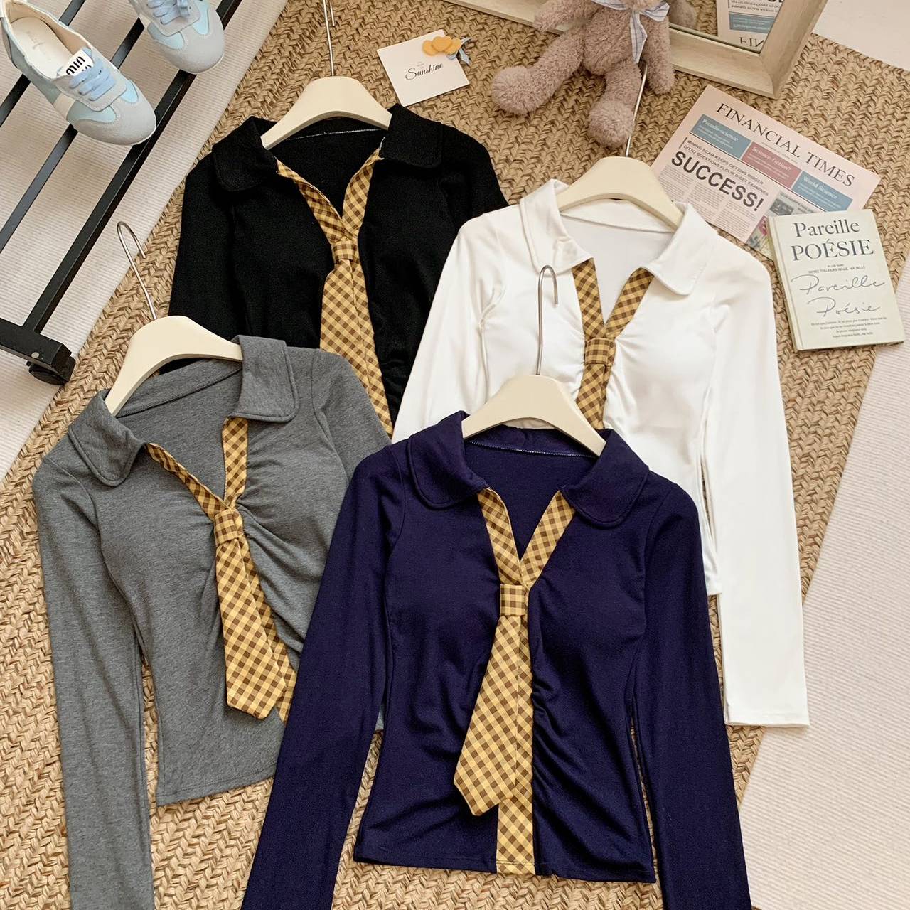 韩系格纹领带长袖T恤女秋季内搭外穿带胸垫巨好看高级感百搭上衣