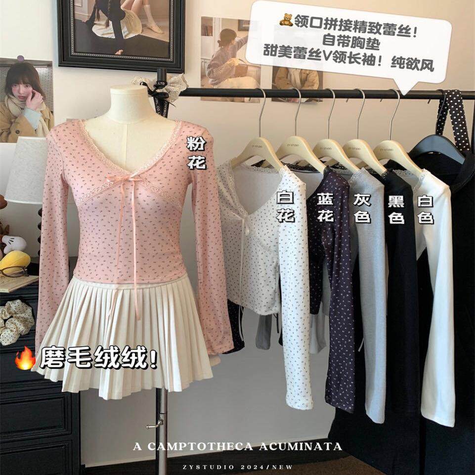 纯欲性感德绒长袖T恤女带胸垫蕾丝拼接秋冬内搭修身打底外穿上衣