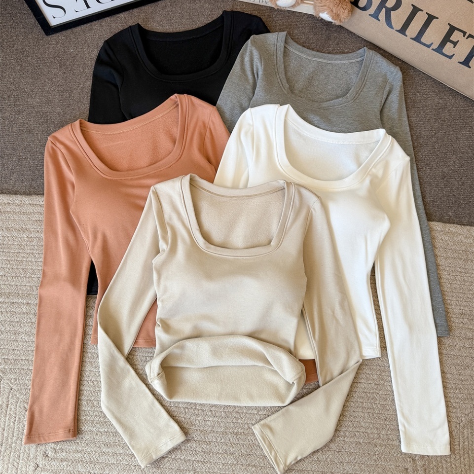 磨毛保暖长袖打底衫女秋冬季内搭外穿带胸垫简约百搭高级感上衣潮