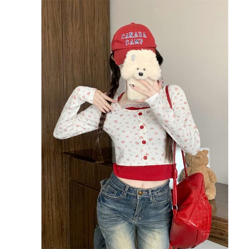 甜美碎花纽扣长袖T恤女秋季带胸垫韩系设计感修身显瘦假两件上衣