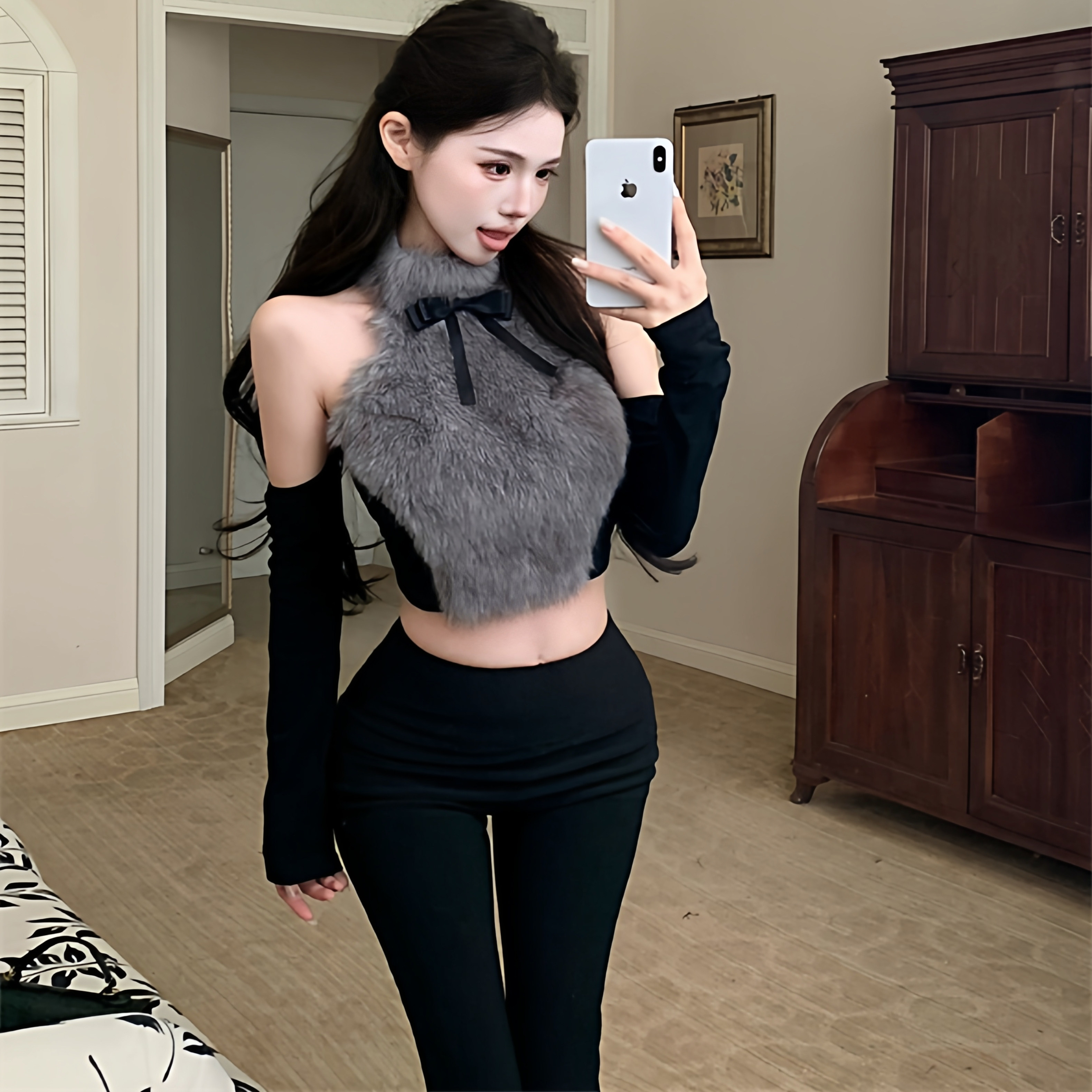 辣妹设计感毛毛挂脖背心女秋冬内搭带胸垫性感蝴蝶结修身短款上衣,女士内衣/男士内衣/家居服,保暖背心,淘宝优惠券,粉丝福利购,淘宝优惠卷