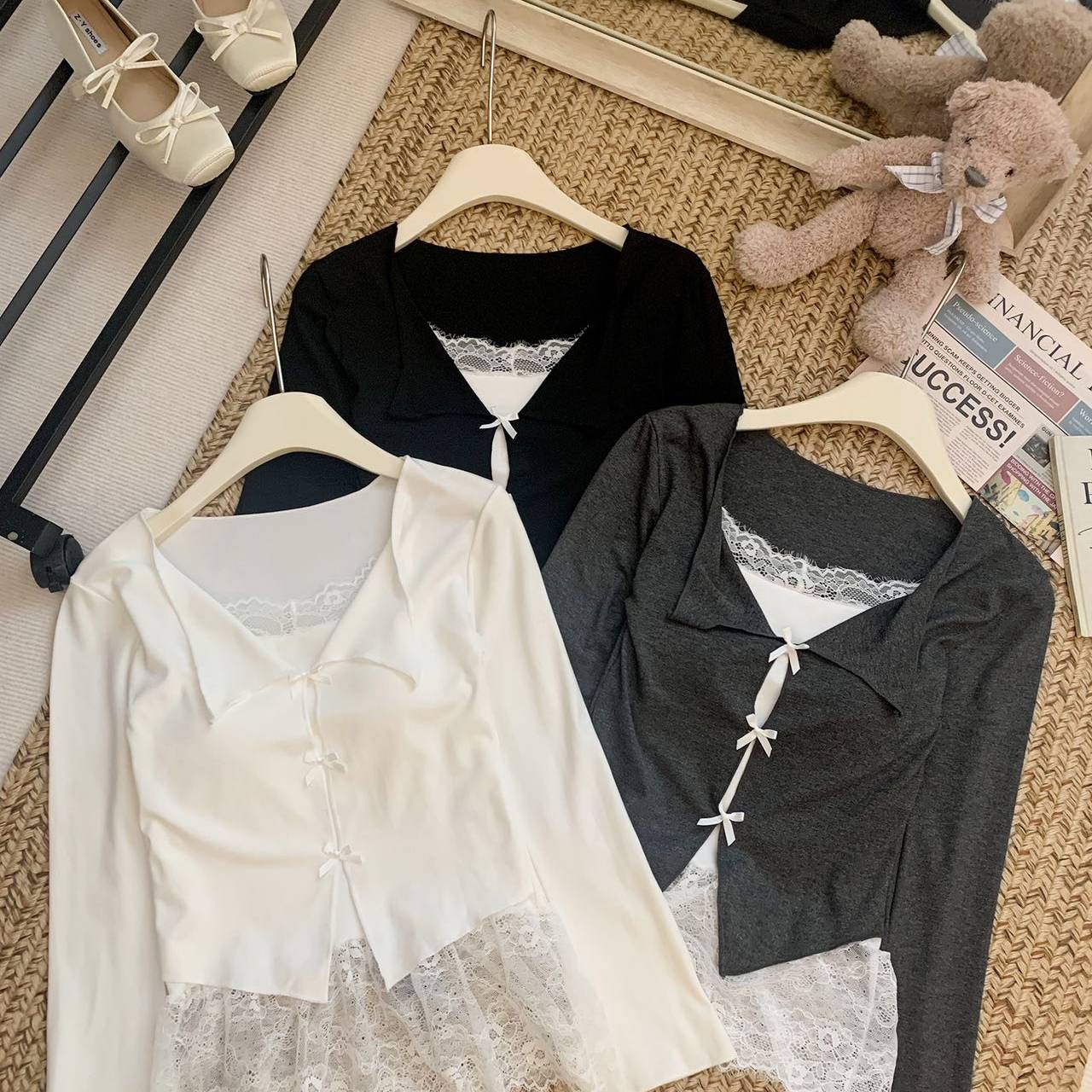 假两件蕾丝蝴蝶结长袖T恤女内搭外穿带胸垫百搭气质打底衫上衣潮