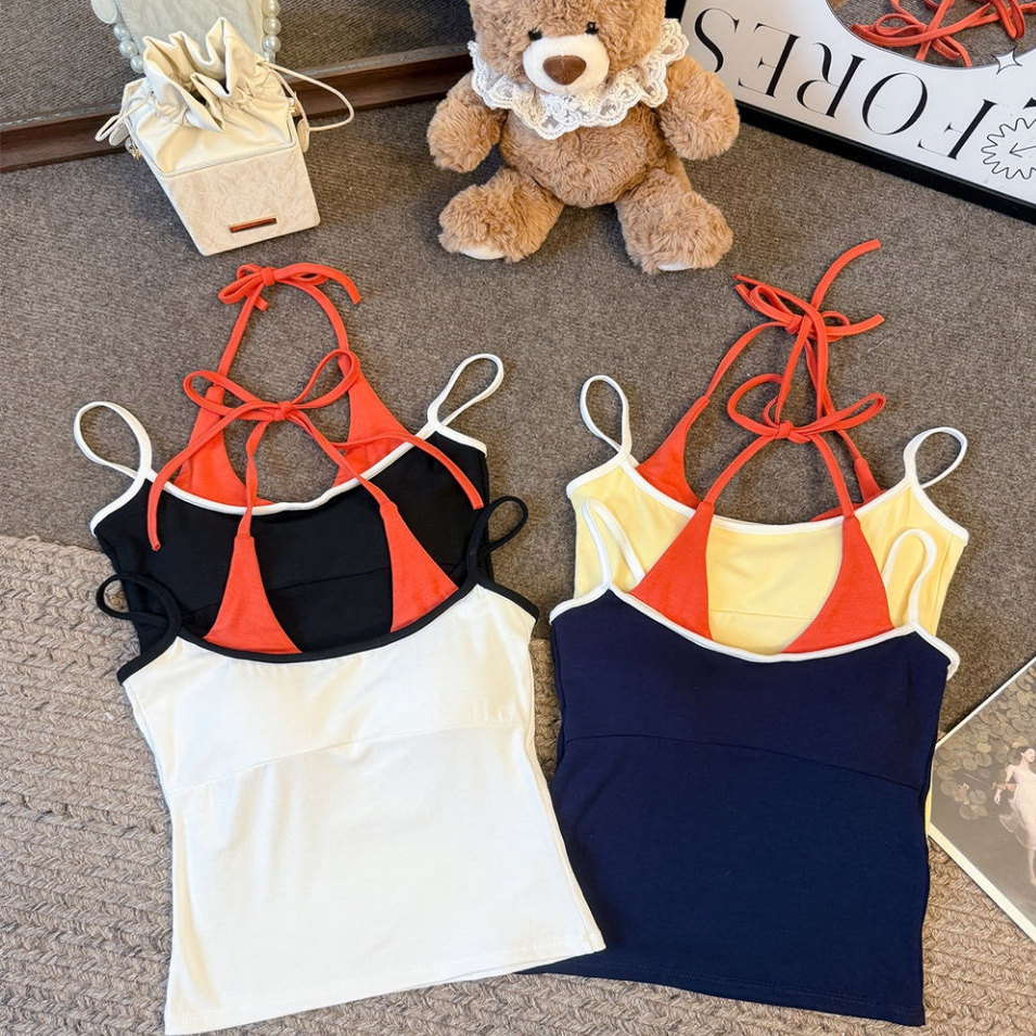 纯欲风性感辣妹撞色拼接挂脖吊带背心女夏季假两件带胸垫美背上衣