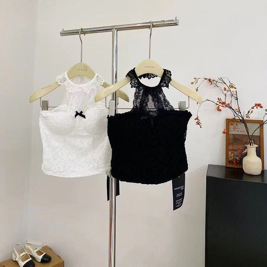 纯欲风性感蕾丝挂脖吊带背心女带胸垫内搭修身显瘦打底美背上衣夏