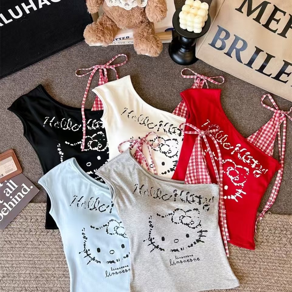 純欲可愛kitty貓單肩綁帶短袖T恤