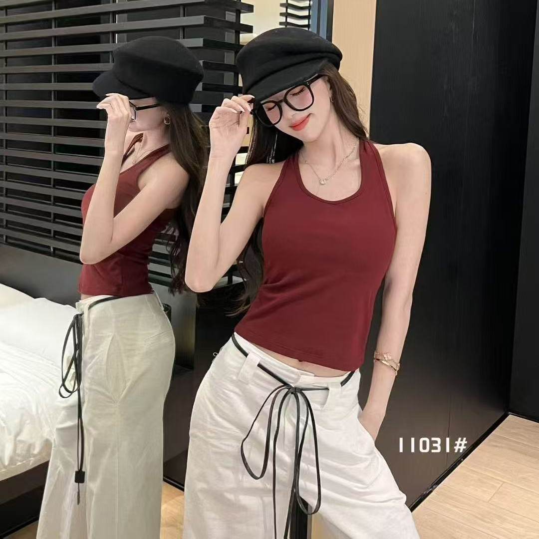 韩系红色磨毛挂脖工字吊带背心女秋冬内搭带胸垫百搭打底衫上衣潮