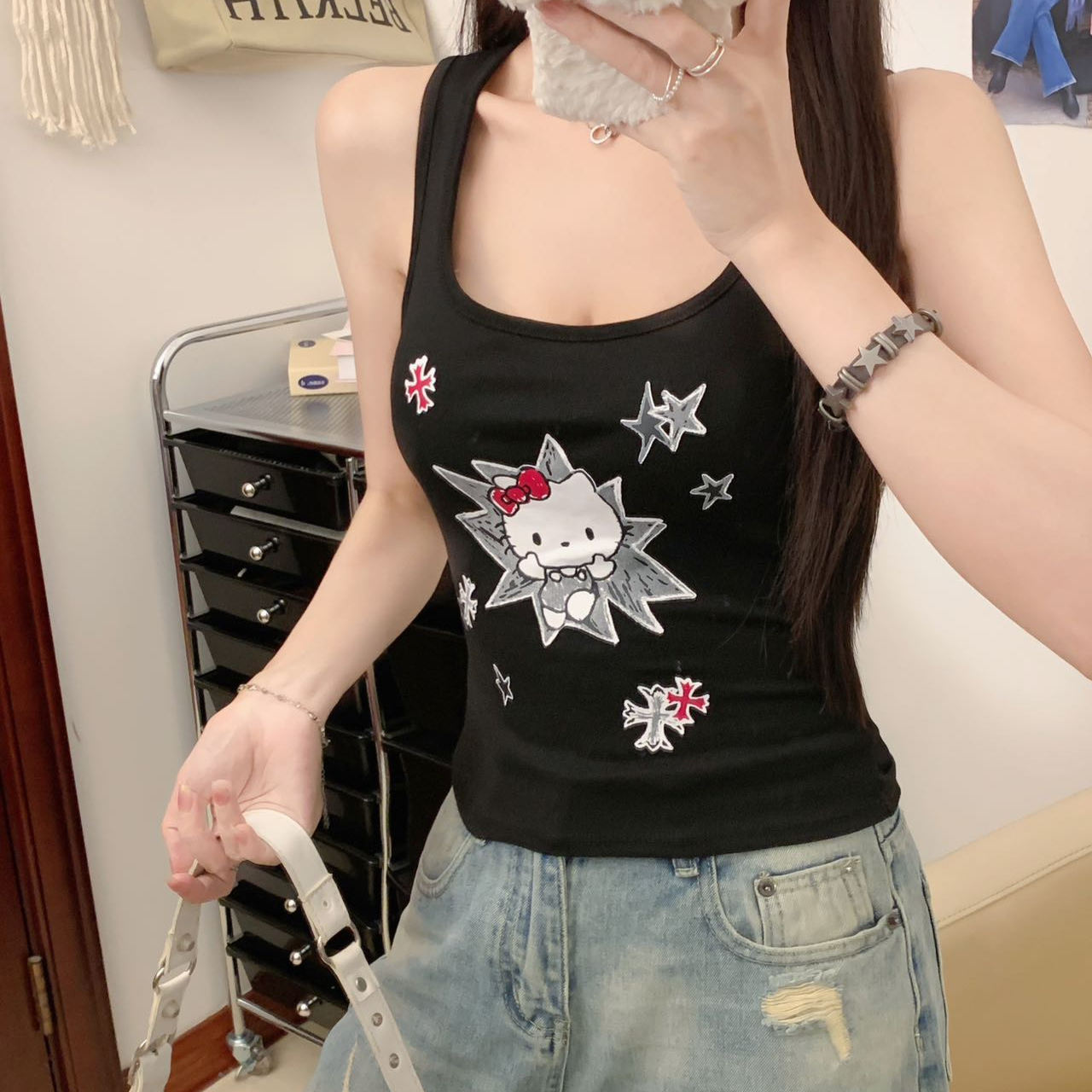 纯欲风性感KT猫印花露背吊带背心