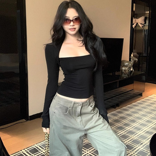 辣妹方领长袖T恤女秋季内搭外穿带胸垫修身显瘦百搭打底衫上衣潮