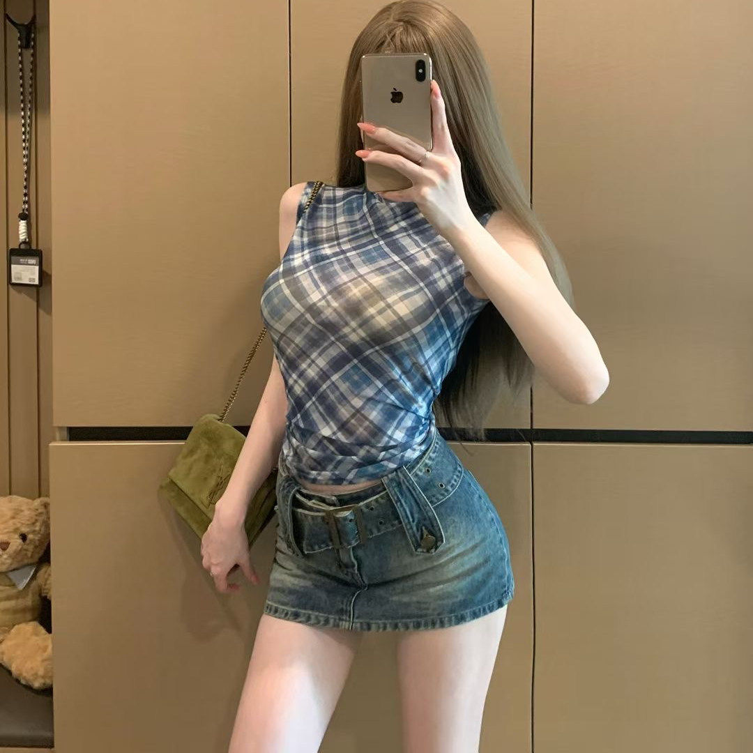 两件套格纹半高领背心内搭抹胸夏