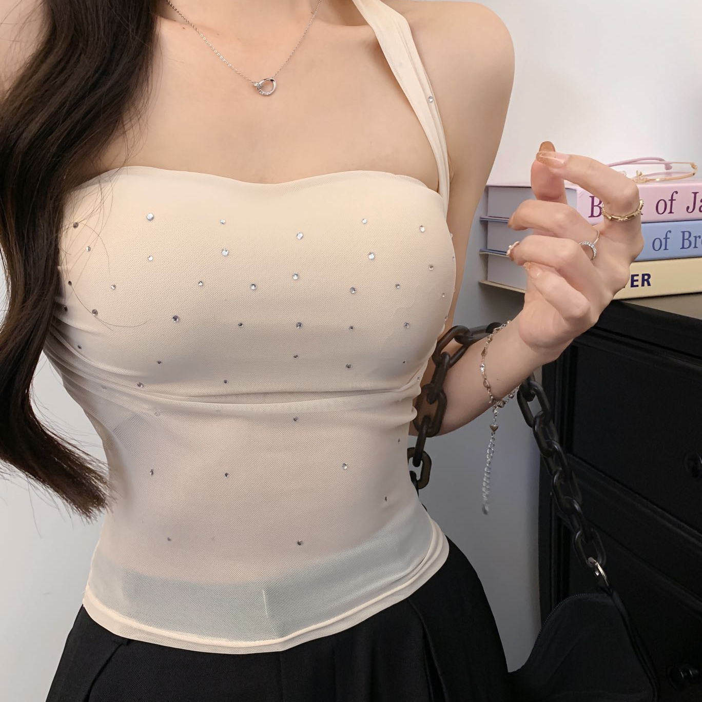 纯欲风性感辣妹网布挂脖吊带背心