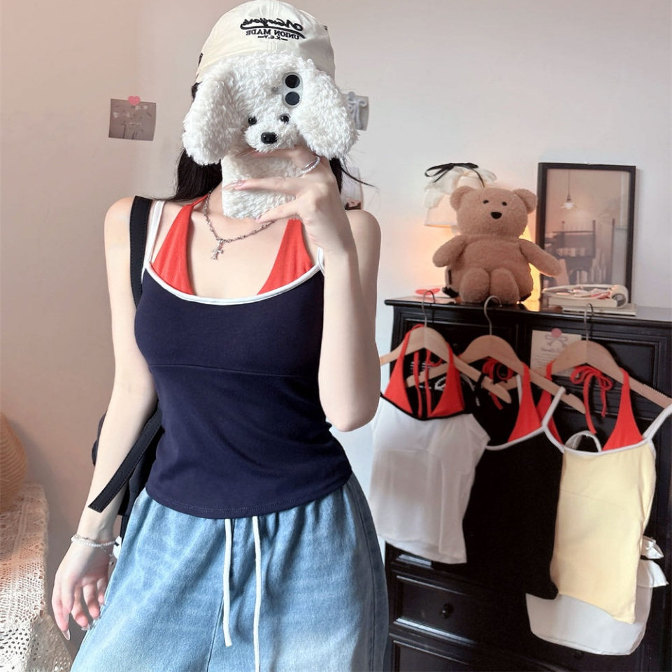 纯欲风性感辣妹撞色假两件挂脖吊带背心女内搭外穿带胸垫美背上衣