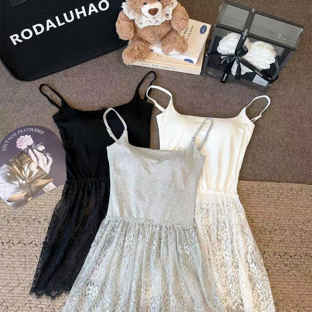 纯欲风性感辣妹叠穿蕾丝吊带裙背心女带胸垫内搭修身显瘦打底上衣