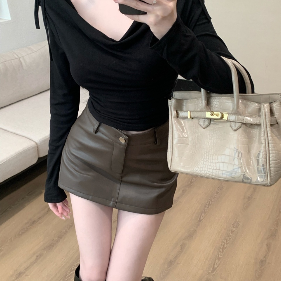 纯欲黑色荡领打底衫T恤长袖上衣