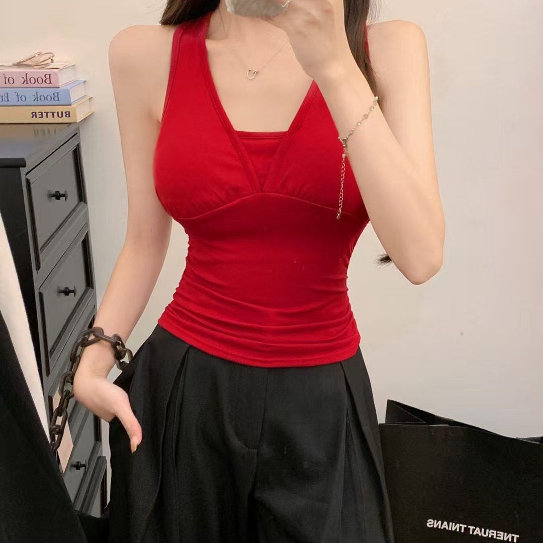 纯欲风性感挂脖露背吊带背心女带胸垫内搭修身显瘦外穿美背上衣夏