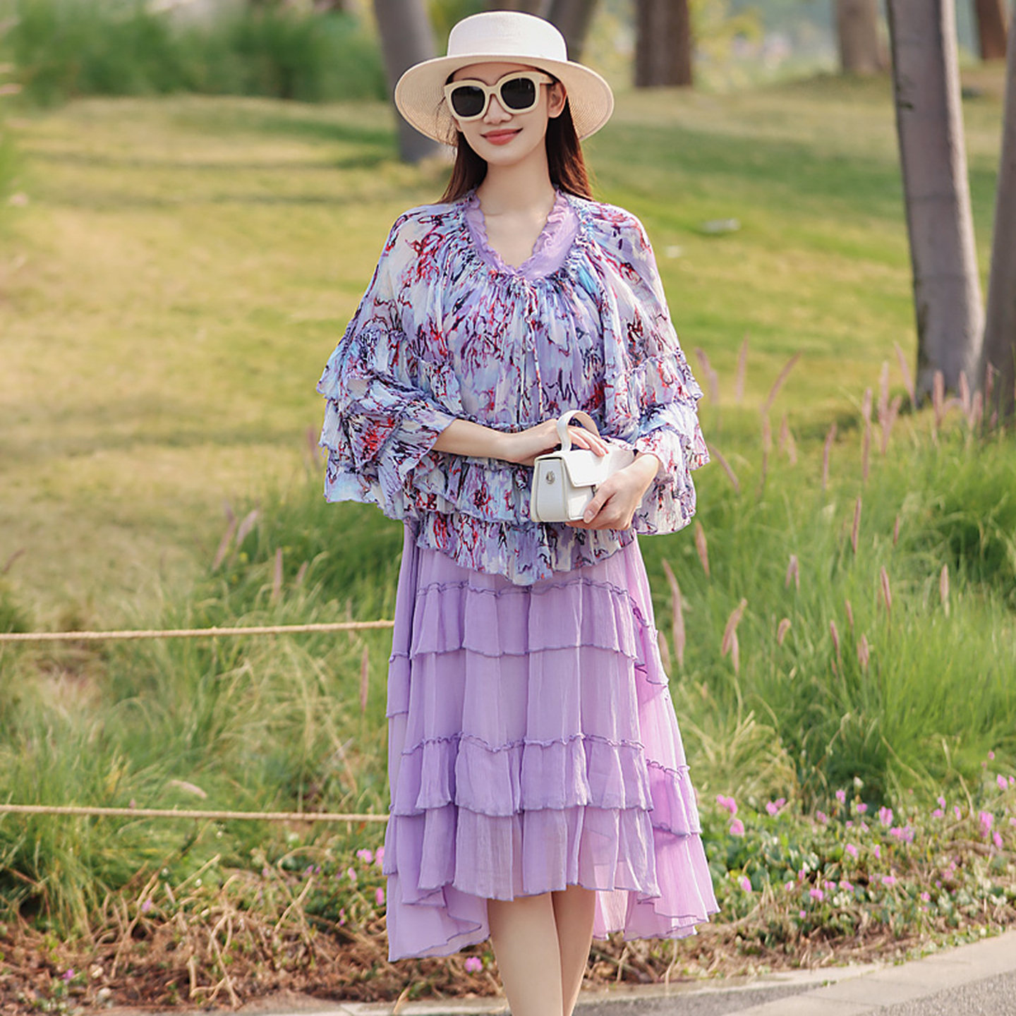 拜占庭的森林桑蚕丝连衣裙女小个子时尚减龄披肩上衣背心裙两件套