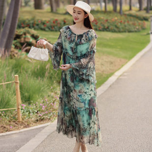 宽松遮肉度假中长款 拜占庭 森林桑蚕丝连衣裙女轻奢高档印花大码
