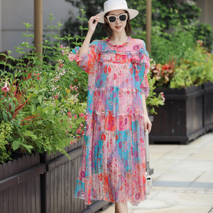 拜占庭的森林真丝桑蚕丝连衣裙女高端精致奢华大牌碎花显瘦沙滩裙