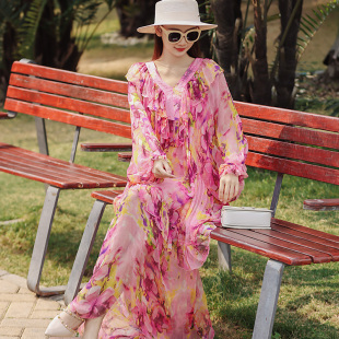 拜占庭的森林真丝桑蚕丝连衣裙大码女装高级感轻奢印花茶歇沙滩裙