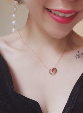 镶钻锆石双环钛钢罗马数字锁骨链