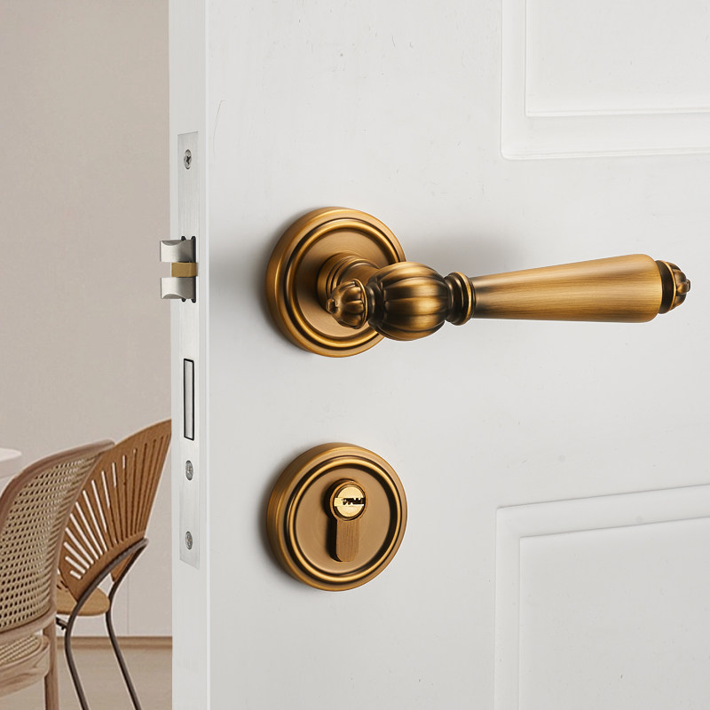 美式卧室门锁室内分体木门锁黄古铜复古门把手磁吸静音法式房门锁