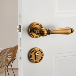 美式 房门锁 卧室门锁室内分体木门锁黄古铜复古门把手磁吸静音法式