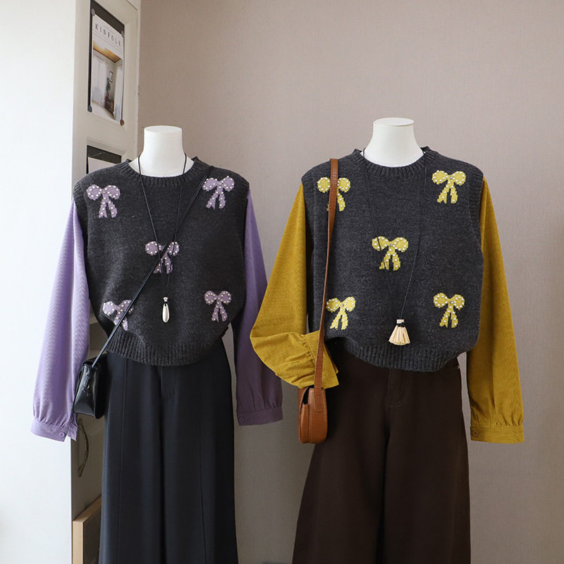 2026早春新款假两件蝴蝶结钉珠针织套头上衣女上衣韩版时尚5929比,女装/女士精品,毛针织衫,淘宝优惠券,粉丝福利购,淘宝优惠卷