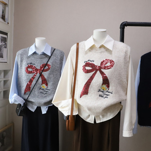 2025秋冬新款两件套衬衫亮片蝴蝶结针织马甲女毛衣韩版时尚5746比