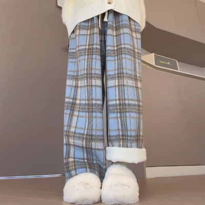 2025秋冬新款毛呢格子阔腿裤女加厚棉裤直筒小个子加绒裤子外穿瑞