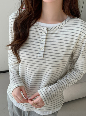 秋冬新款韩系复古圆领假两件条纹长袖T恤女保暖打底衫上衣k2711陌