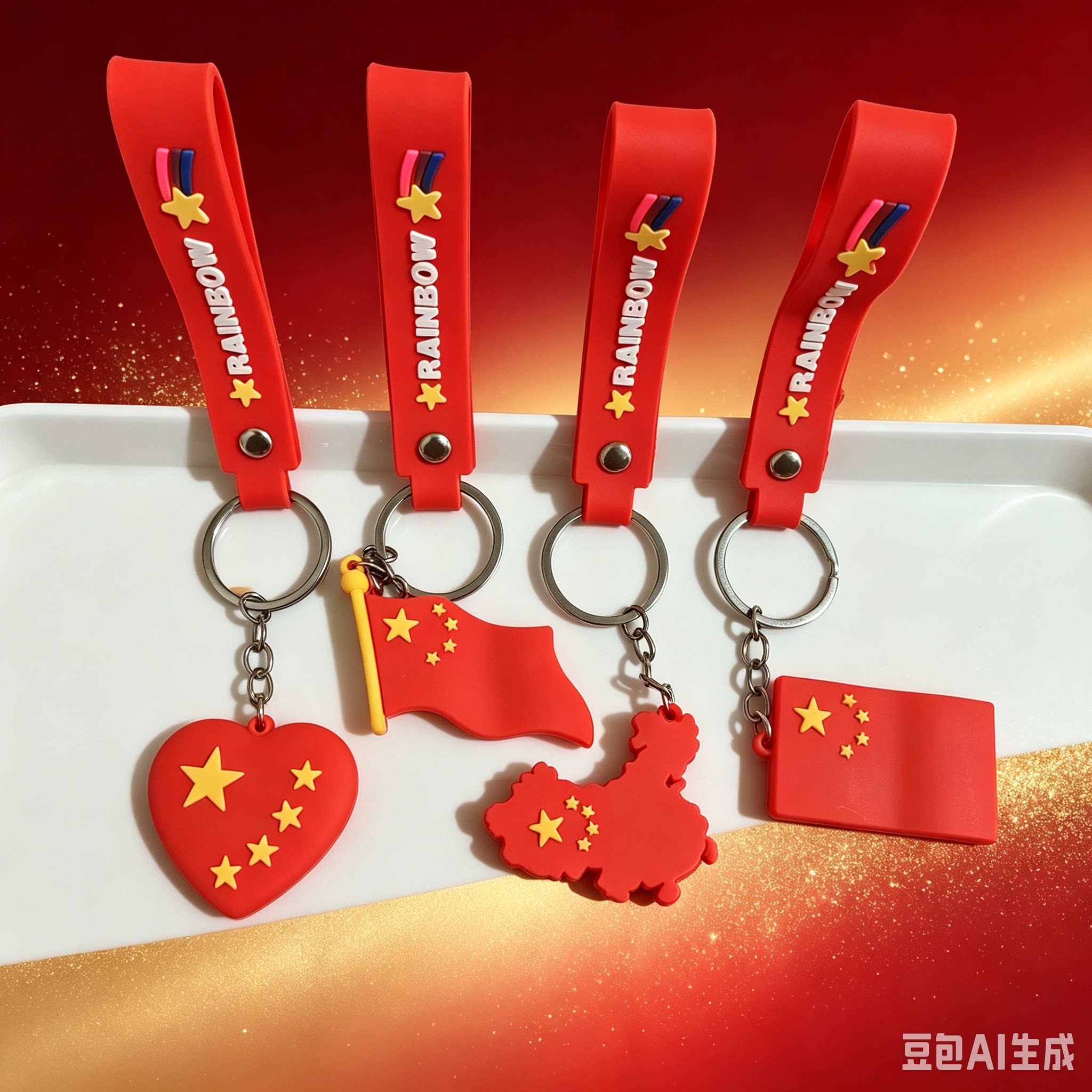 国庆节红色钥匙扣创意五星红旗爱心挂件纪念礼品书包装饰