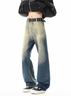 B221 美式ins高街暗黑松紧腰宽松直筒牛仔裤 LK24274-特P45控78